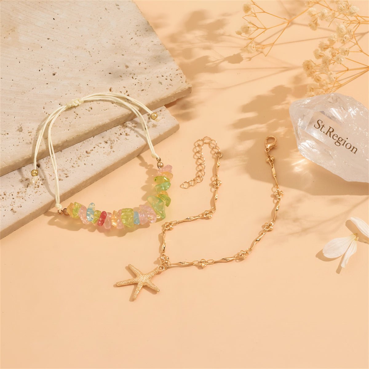 Multi-Colored Quartz & Polyster Goldtone Starfish Charm Anklet Set - Street Region