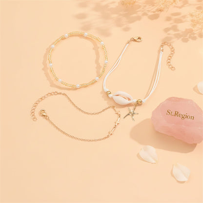 Pearl & Acrylic Shell Goldtone Cross Chain Starfish Charm Anklet Set - Street Region