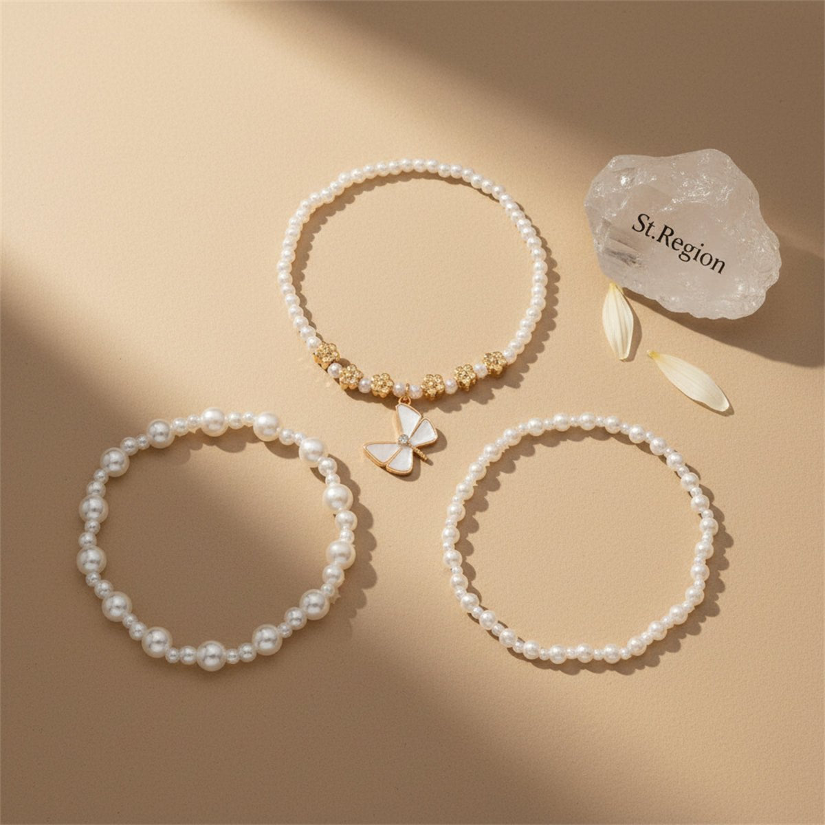 Pearl & Enamel Goldtone Flower Beads Butterfly Charm Stretch Anklet Set - Street Region