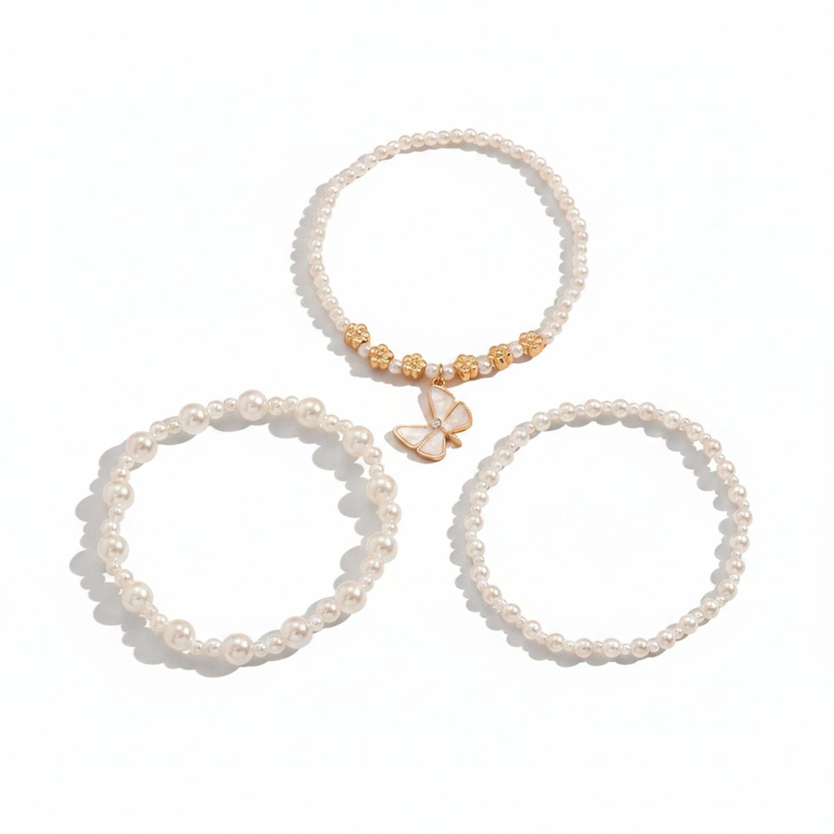 Pearl & Enamel Goldtone Flower Beads Butterfly Charm Stretch Anklet Set - Street Region