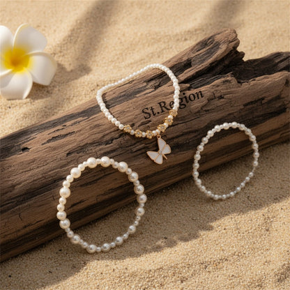 Pearl & Enamel Goldtone Flower Beads Butterfly Charm Stretch Anklet Set - Street Region