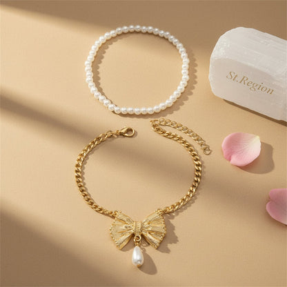 Pearl & Goldtone Butterfly Drop Charm Anklet Set - Street Region