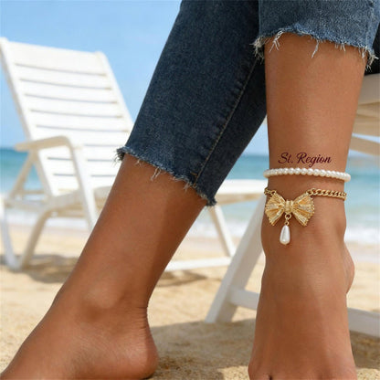 Pearl & Goldtone Butterfly Drop Charm Anklet Set - Street Region