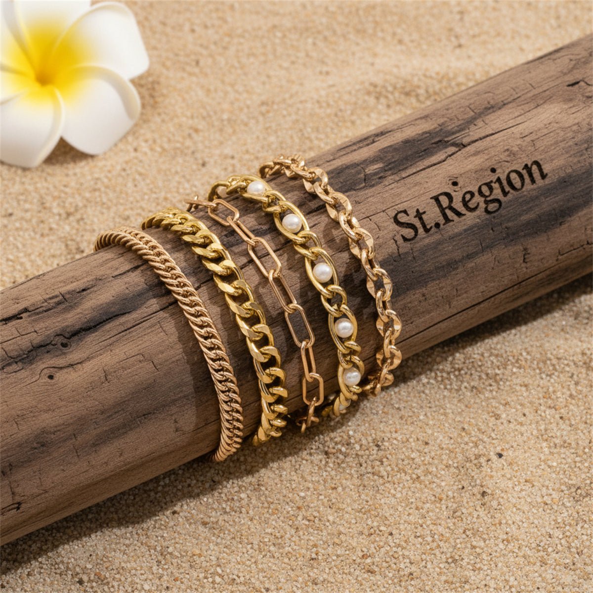 Pearl & Goldtone Figaro Chain Anklet Set - Street Region