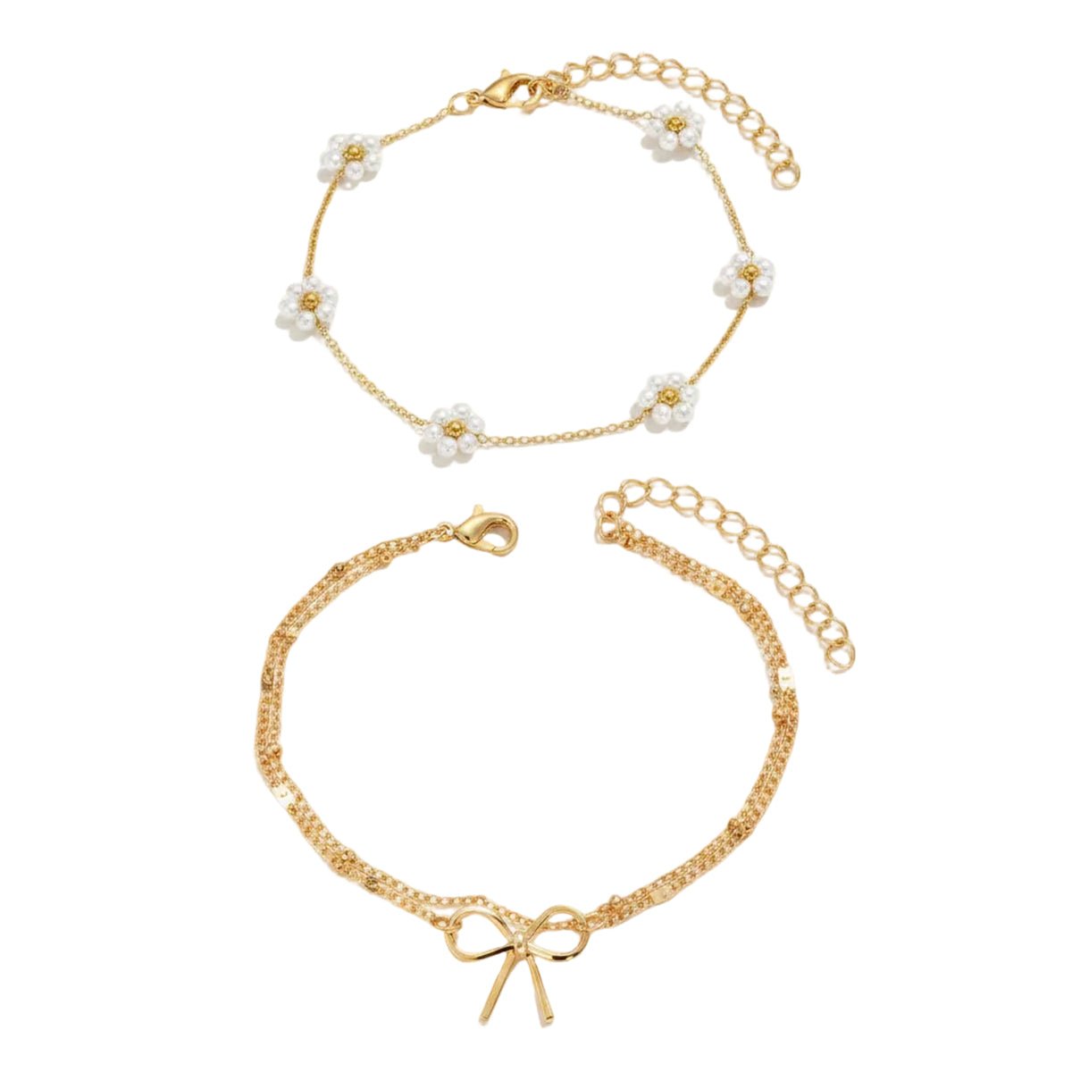 Pearl & Goldtone Flower Station Bow Charm Layered Anklet Set - Street Region