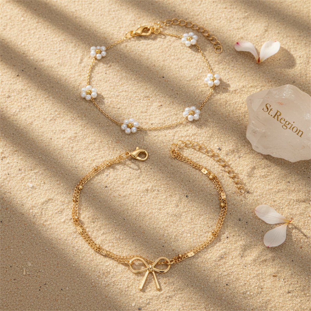 Pearl & Goldtone Flower Station Bow Charm Layered Anklet Set - Street Region