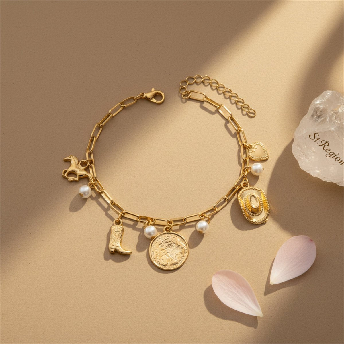 Pearl & Goldtone House Boot Cowboy Hat Heart Charm Anklet - Street Region