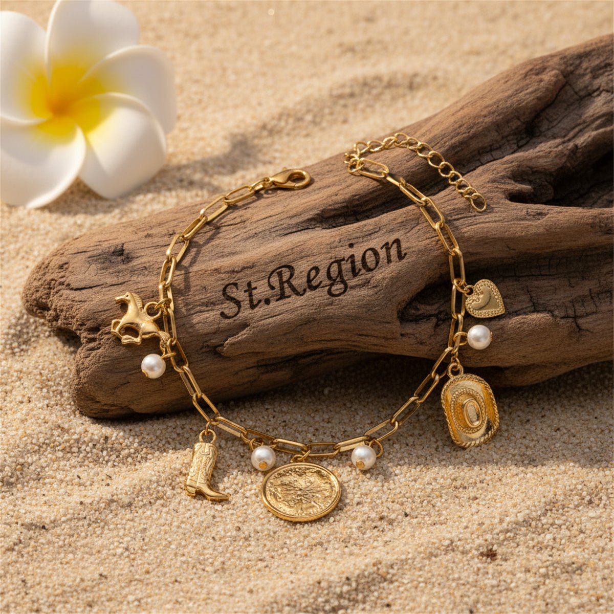 Pearl & Goldtone House Boot Cowboy Hat Heart Charm Anklet - Street Region