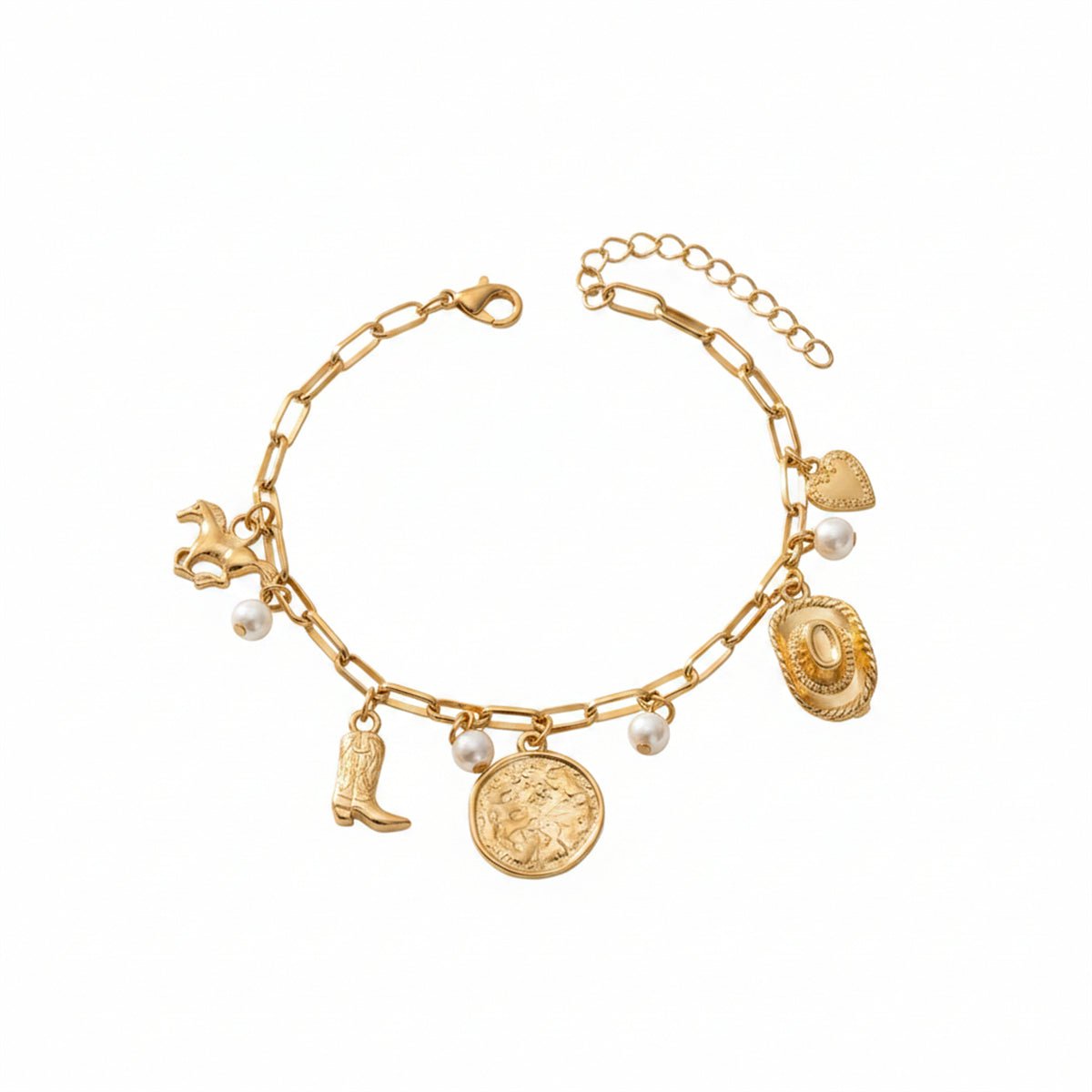 Pearl & Goldtone House Boot Cowboy Hat Heart Charm Anklet - Street Region