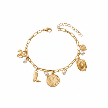 Pearl & Goldtone House Boot Cowboy Hat Heart Charm Anklet - Street Region