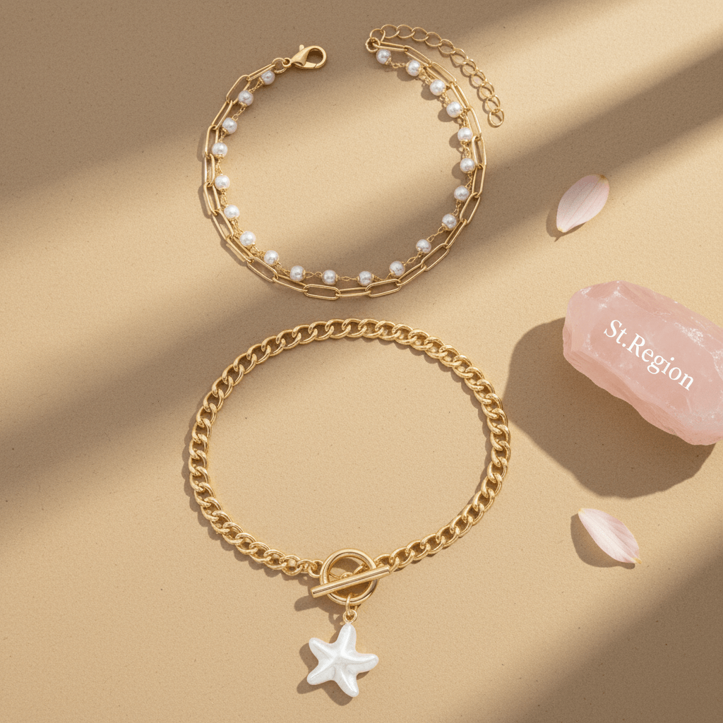 Pearl & Goldtone Starfish Charm Beads Chain Layered Anklet Set - Street Region