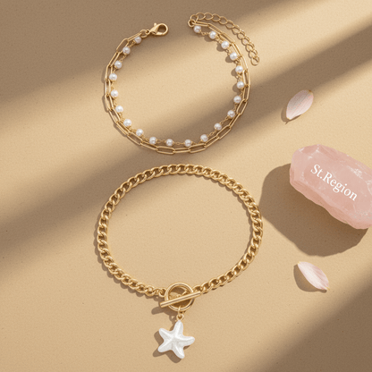 Pearl & Goldtone Starfish Charm Beads Chain Layered Anklet Set - Street Region