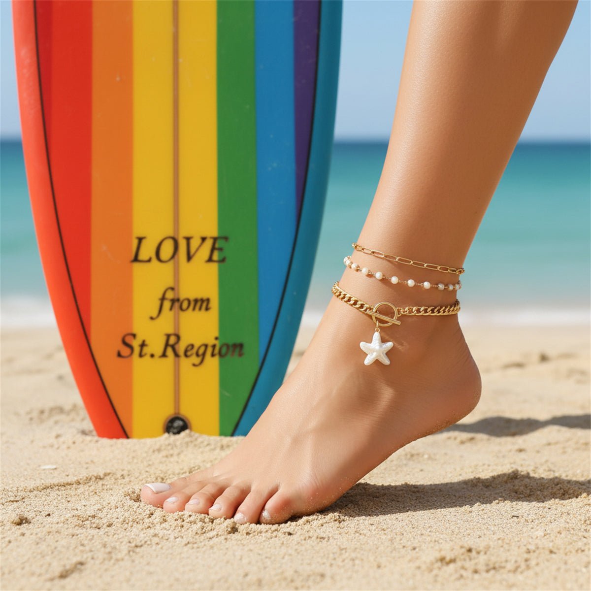 Pearl & Goldtone Starfish Charm Beads Chain Layered Anklet Set - Street Region