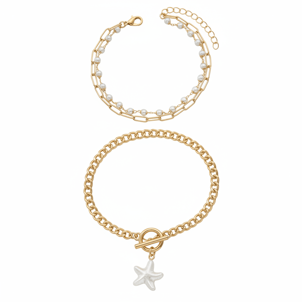 Pearl & Goldtone Starfish Charm Beads Chain Layered Anklet Set - Street Region