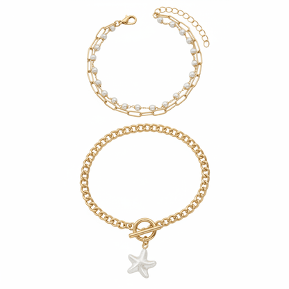 Pearl & Goldtone Starfish Charm Beads Chain Layered Anklet Set - Street Region