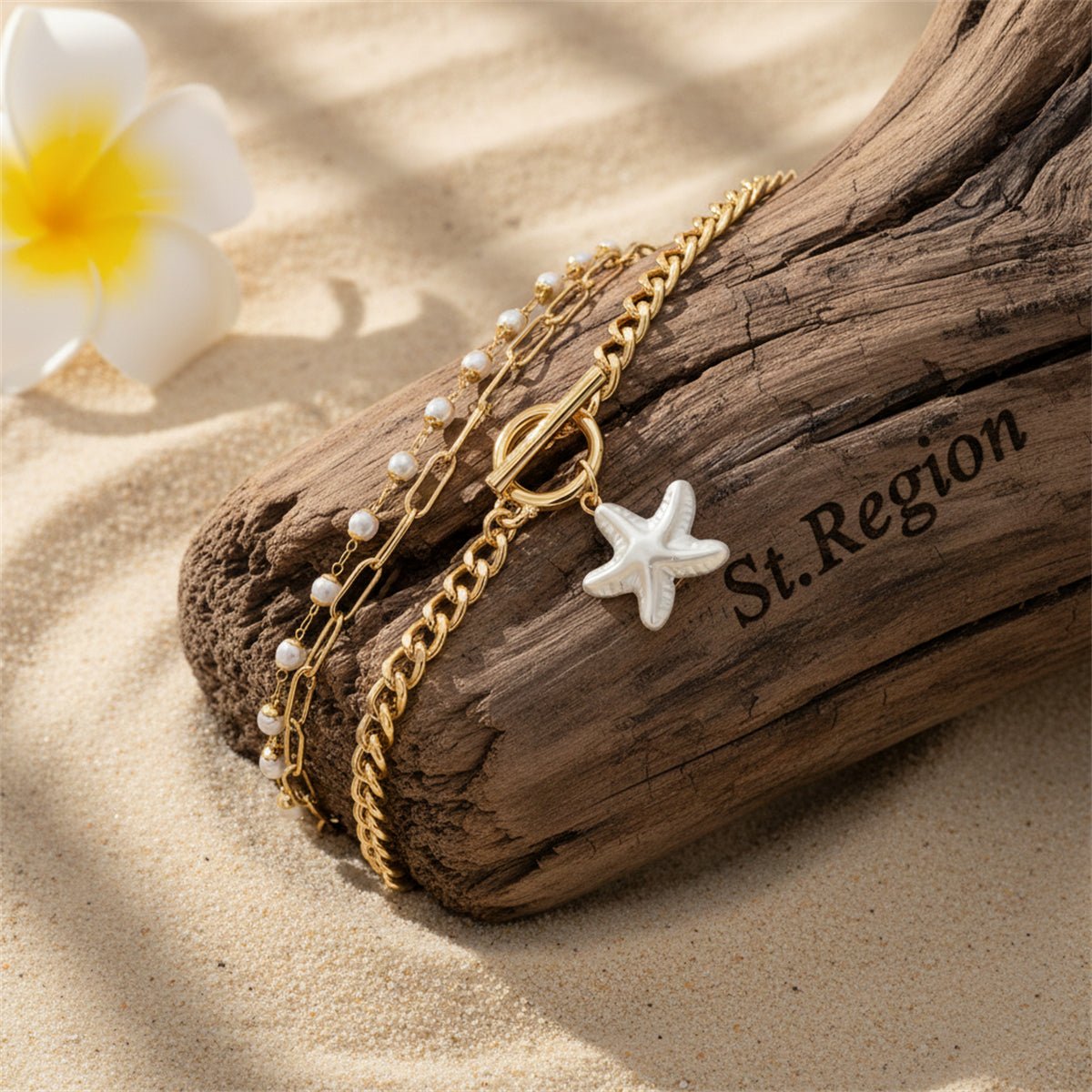 Pearl & Goldtone Starfish Charm Beads Chain Layered Anklet Set - Street Region