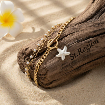 Pearl & Goldtone Starfish Charm Beads Chain Layered Anklet Set - Street Region