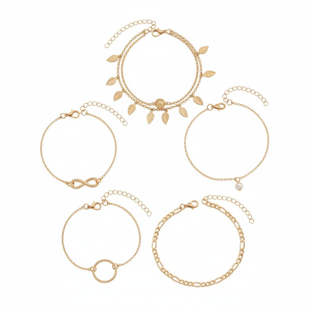 Pearl & Goldtone Textured Leaves Tassel Layered Anklet Set - Street Region