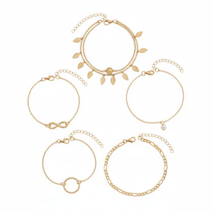 Pearl & Goldtone Textured Leaves Tassel Layered Anklet Set - Street Region