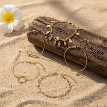 Pearl & Goldtone Textured Leaves Tassel Layered Anklet Set - Street Region