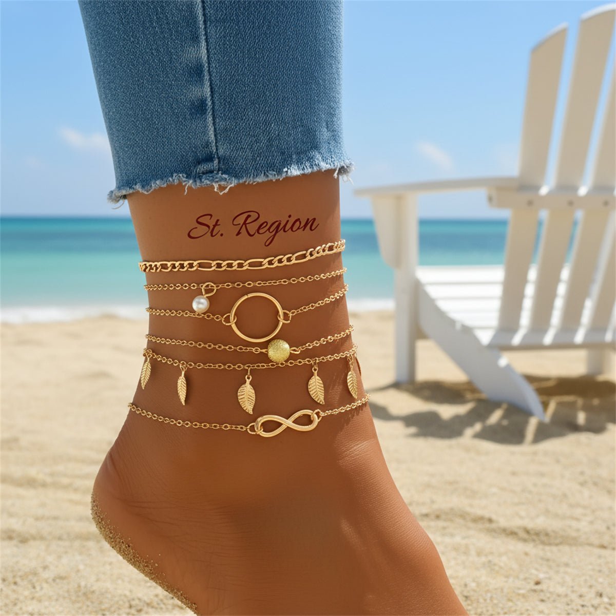 Pearl & Goldtone Textured Leaves Tassel Layered Anklet Set - Street Region