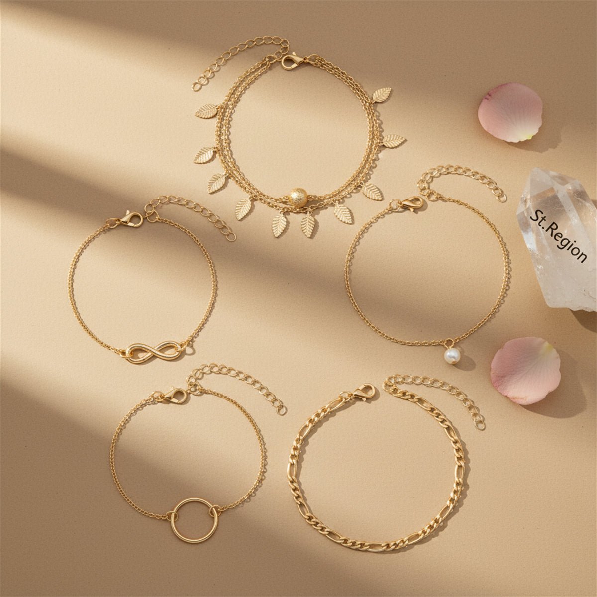 Pearl & Goldtone Textured Leaves Tassel Layered Anklet Set - Street Region