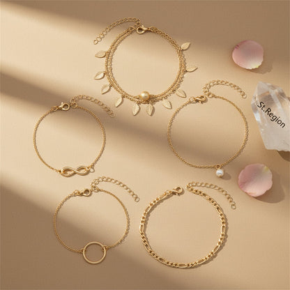 Pearl & Goldtone Textured Leaves Tassel Layered Anklet Set - Street Region