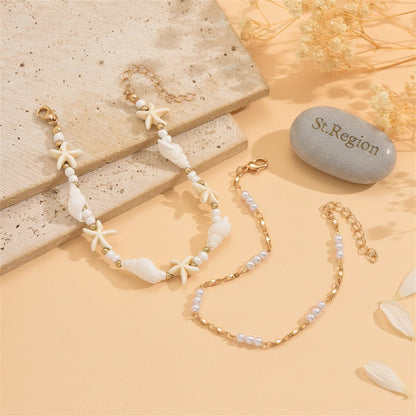 Pearl & Howlite Resin Goldtone Starfish Charm Anklet Set - Street Region