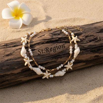Pearl & Howlite Resin Goldtone Starfish Charm Anklet Set - Street Region