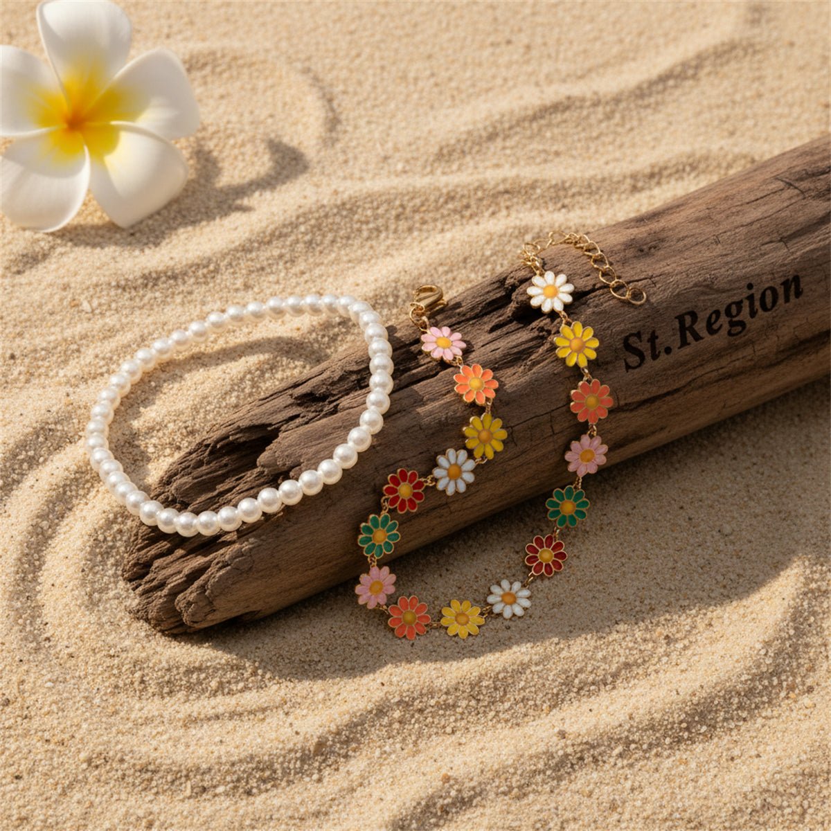 Pearl & Multi-Colored Enamel Goldtone Mum Stations Anklet Set - Street Region