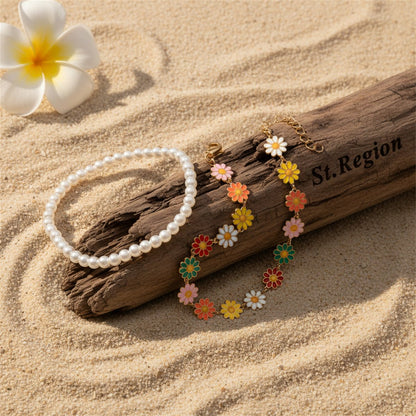 Pearl & Multi-Colored Enamel Goldtone Mum Stations Anklet Set - Street Region