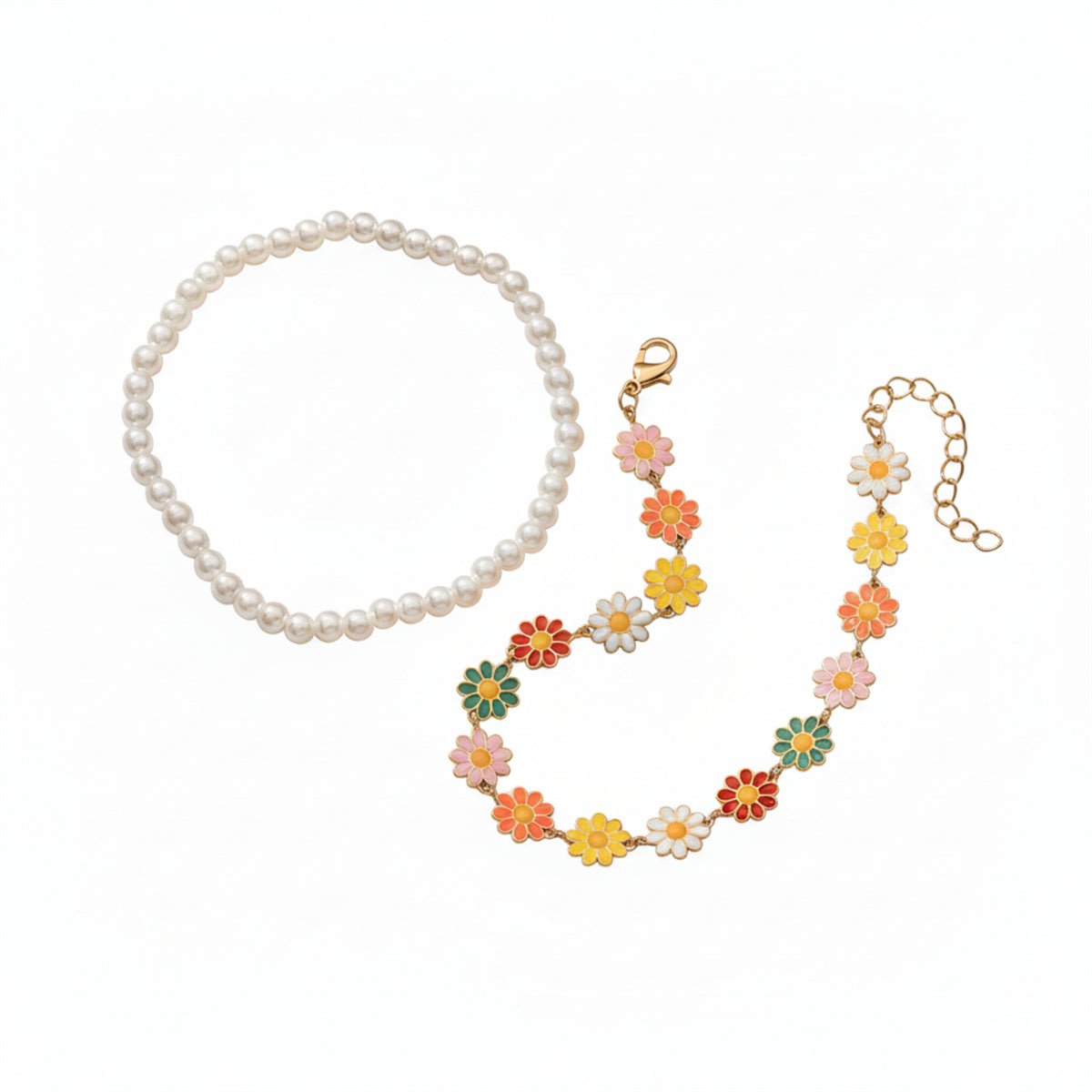 Pearl & Multi-Colored Enamel Goldtone Mum Stations Anklet Set - Street Region