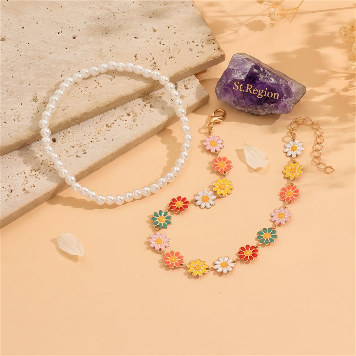 Pearl & Multi-Colored Enamel Goldtone Mum Stations Anklet Set - Street Region