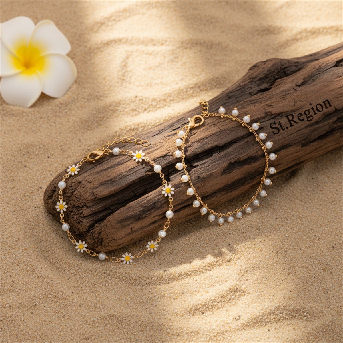 Pearl & White Enamel Goldtone Mum Stations Chain Anklet Set - Street Region
