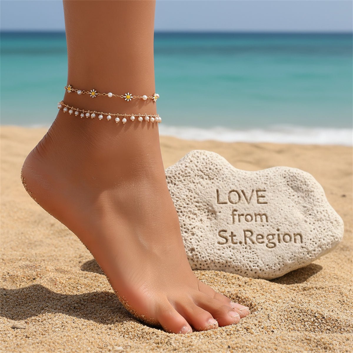 Pearl & White Enamel Goldtone Mum Stations Chain Anklet Set - Street Region