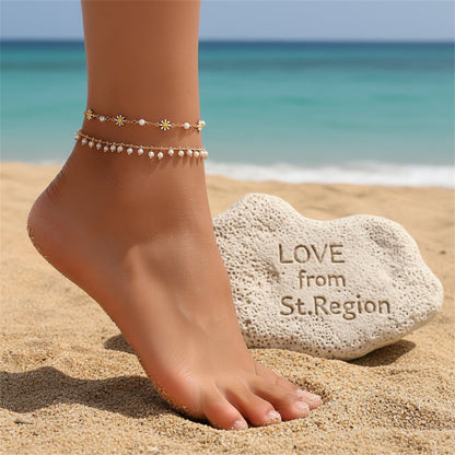Pearl & White Enamel Goldtone Mum Stations Chain Anklet Set - Street Region