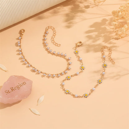 Pearl & White Enamel Goldtone Mum Stations Chain Anklet Set - Street Region