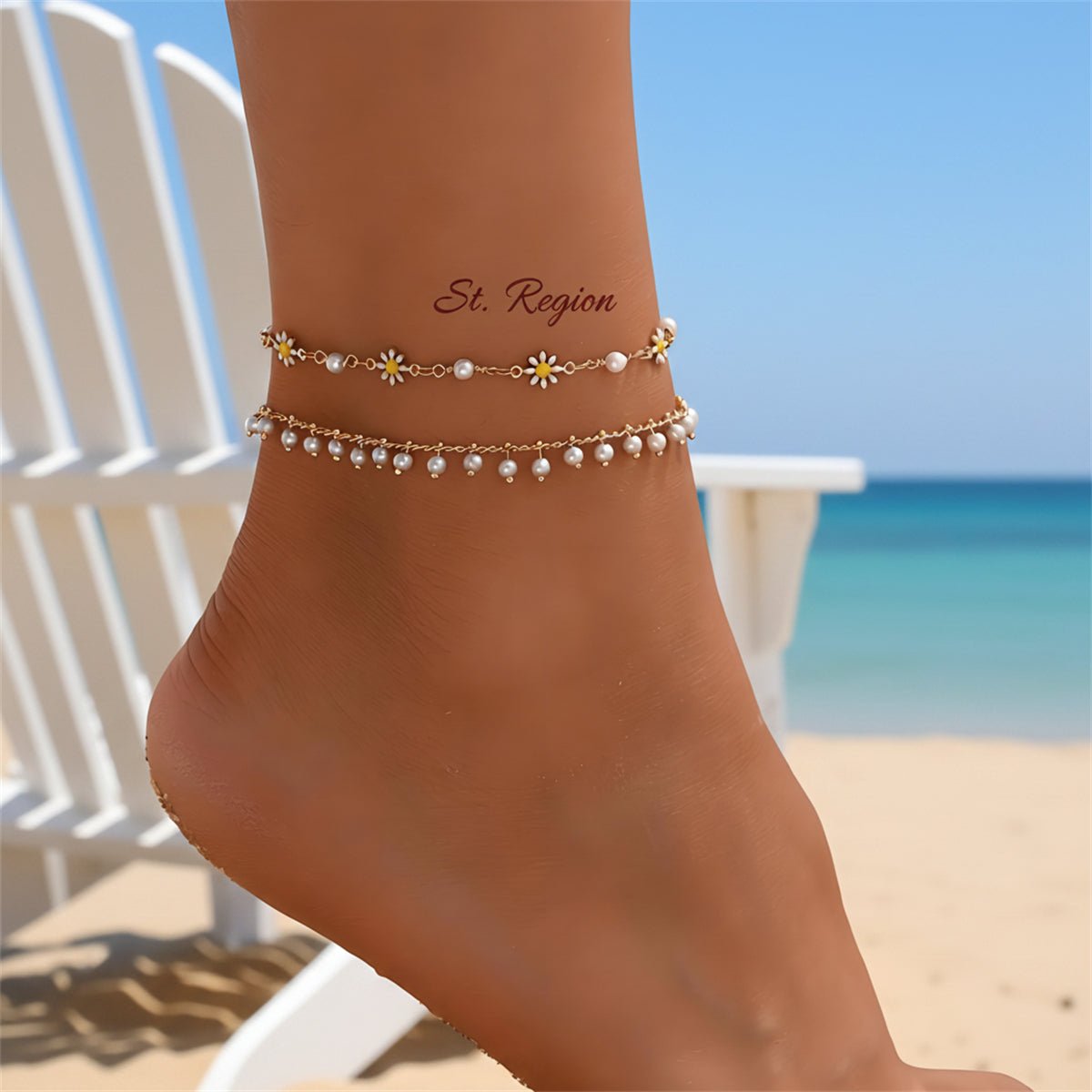 Pearl & White Enamel Goldtone Mum Stations Chain Anklet Set - Street Region