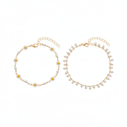 Pearl & White Enamel Goldtone Mum Stations Chain Anklet Set - Street Region
