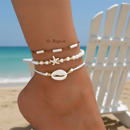 Pearl & White Resin Goldtone Cylinder Starfish Shell Charm Anklet Set - Street Region