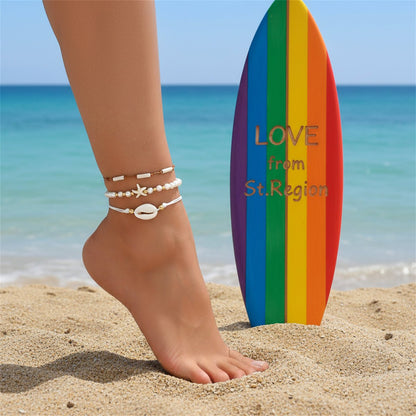 Pearl & White Resin Goldtone Cylinder Starfish Shell Charm Anklet Set - Street Region