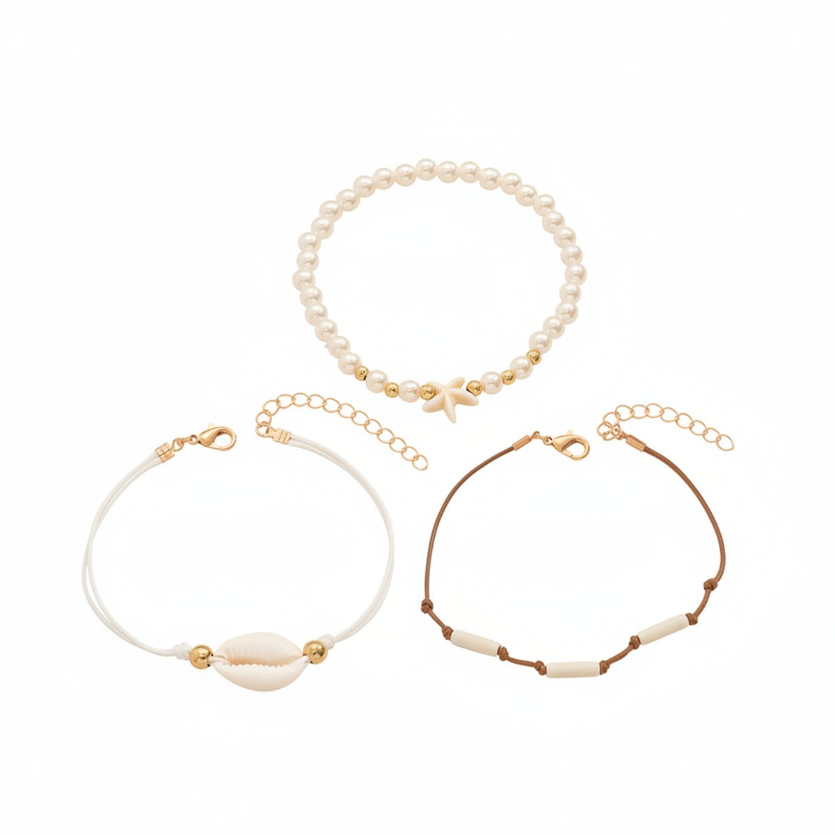 Pearl & White Resin Goldtone Cylinder Starfish Shell Charm Anklet Set - Street Region