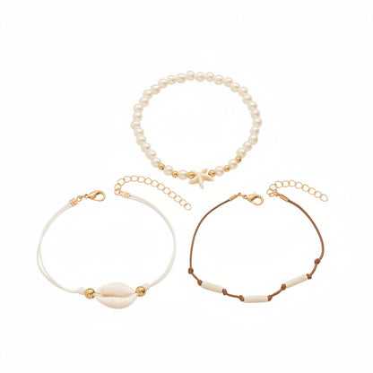 Pearl & White Resin Goldtone Cylinder Starfish Shell Charm Anklet Set - Street Region