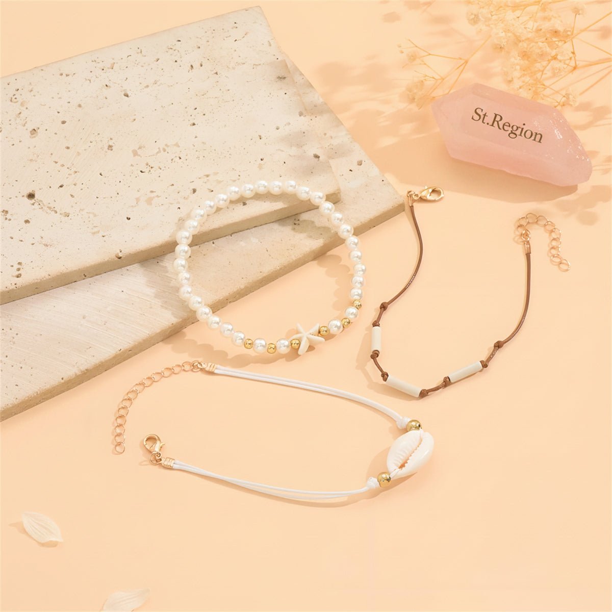 Pearl & White Resin Goldtone Cylinder Starfish Shell Charm Anklet Set - Street Region