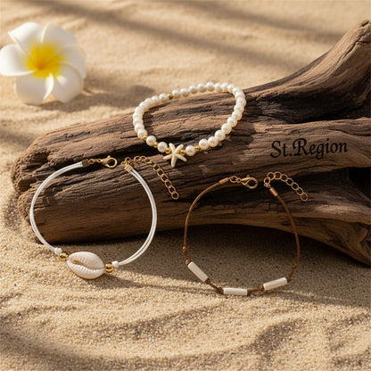 Pearl & White Resin Goldtone Cylinder Starfish Shell Charm Anklet Set - Street Region