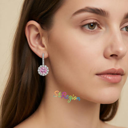 Pink Crystal and Cubic Zirconia Silvertone Round Dangle Earrings, silver drop earrings for women, styled look
