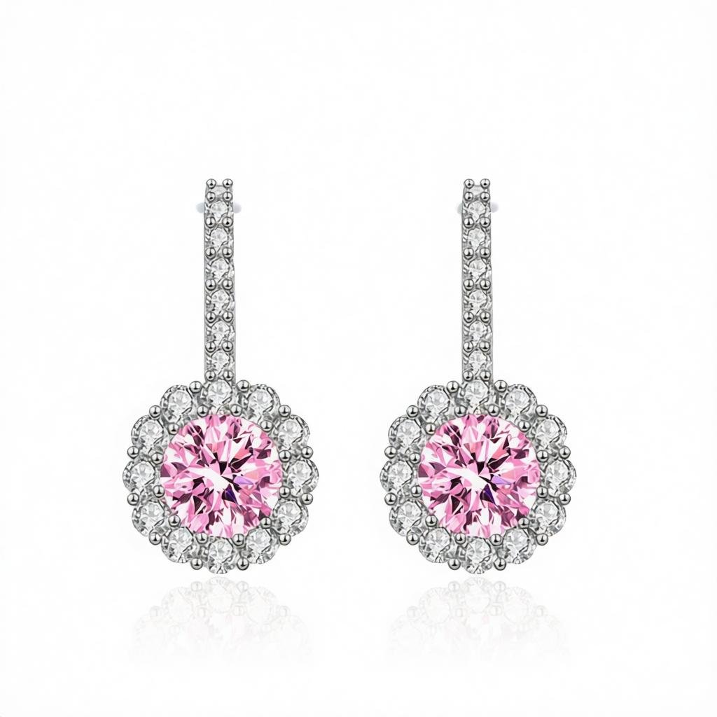 Pink Crystal and Cubic Zirconia Silvertone Round Dangle Earrings, silver drop earrings for women, side view