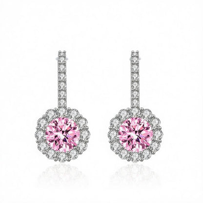 Pink Crystal and Cubic Zirconia Silvertone Round Dangle Earrings, silver drop earrings for women, side view