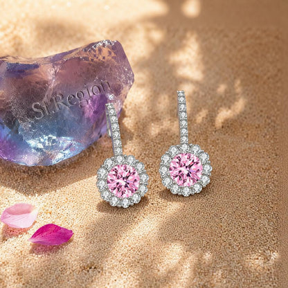 Pink Crystal and Cubic Zirconia Silvertone Round Dangle Earrings, silver drop earrings for women, detail close-up
