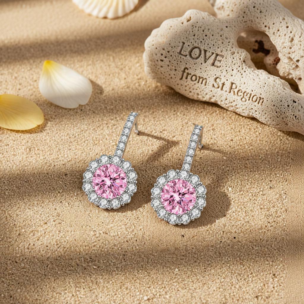 Pink Crystal and Cubic Zirconia Silvertone Round Dangle Earrings, silver drop earrings for women, lifestyle look